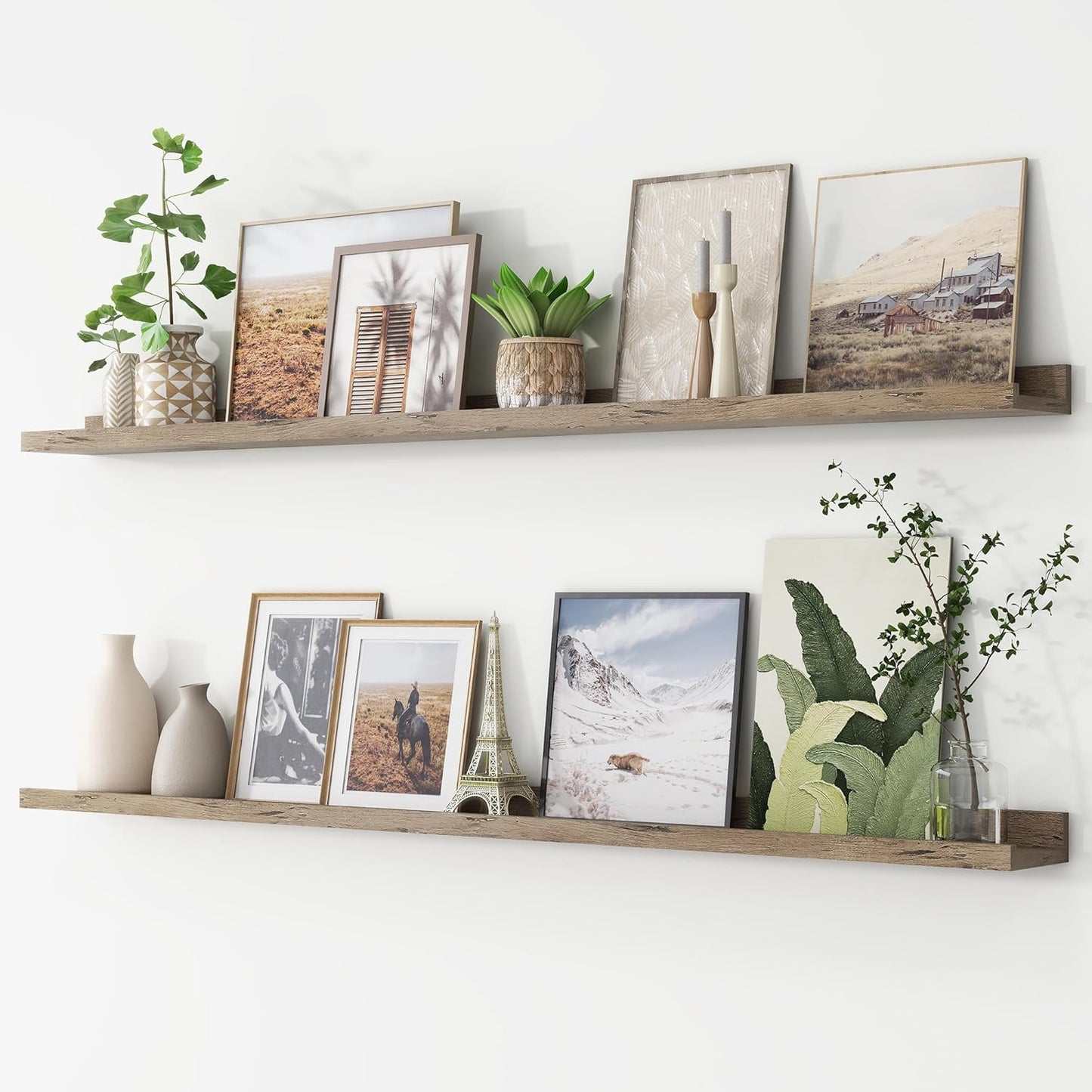 FLYJOE Picture Ledge Shelf, Floating Shelves Set of 2, 48 Inches Long Large Nursery Book Shelves for Toys Storage, Kids Bookshelf Wall Mounted for Living Room Bedroom Decor Books Photo Frames, Walnut