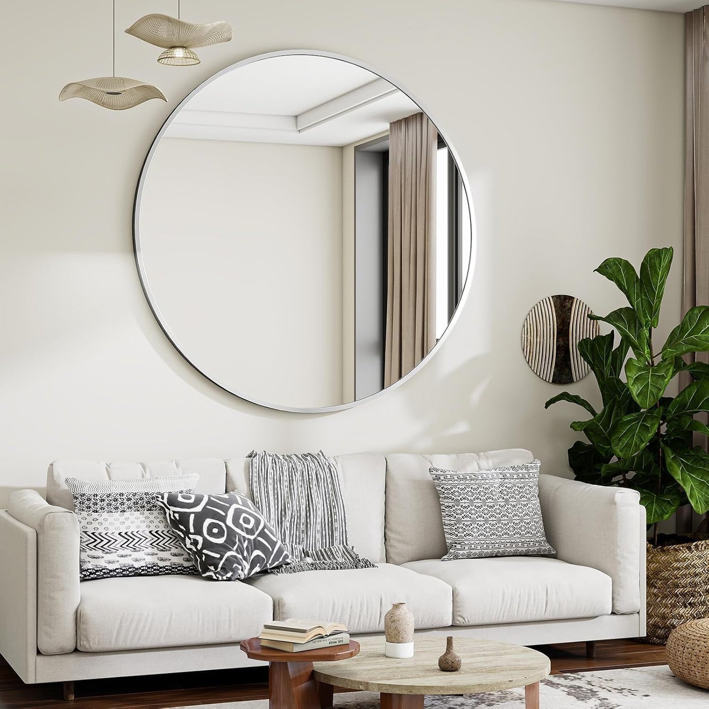 VooBang Large Black Round Bathroom Mirror, 48 inch Circle Wall Mounted Hanging Mirror with Simple Modern Circular Metal Frame for Hallway, Entryway, Living Room, Black Frame