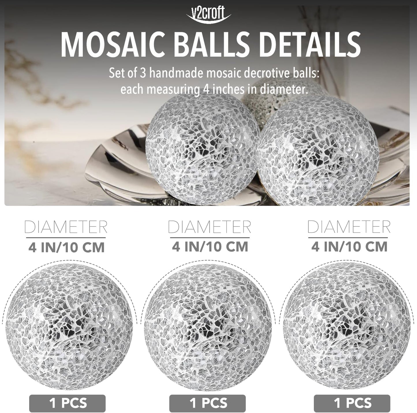 4in Decorative Mosaic Sphere Orbs Set of 3, Glass Balls for Whole Housewares,Wedding/Birthday,Bowls,Vases Dining Table Centerpieces(Silver,Black,Blue)