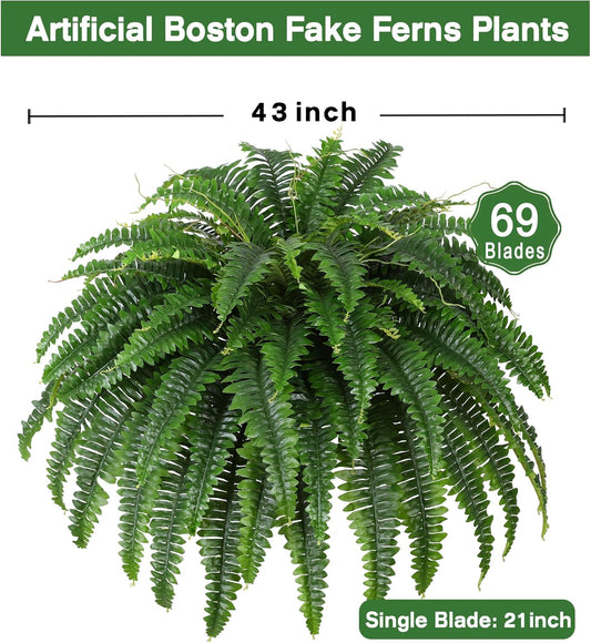 Dkaltm Artificial Boston Fern Bush- Set of 2 Large Artificial Ferns for Outdoors, 45Inch Large Faux Ferns, Suitable for Office & Living Room Decor, 55Branches for Each Bouquet