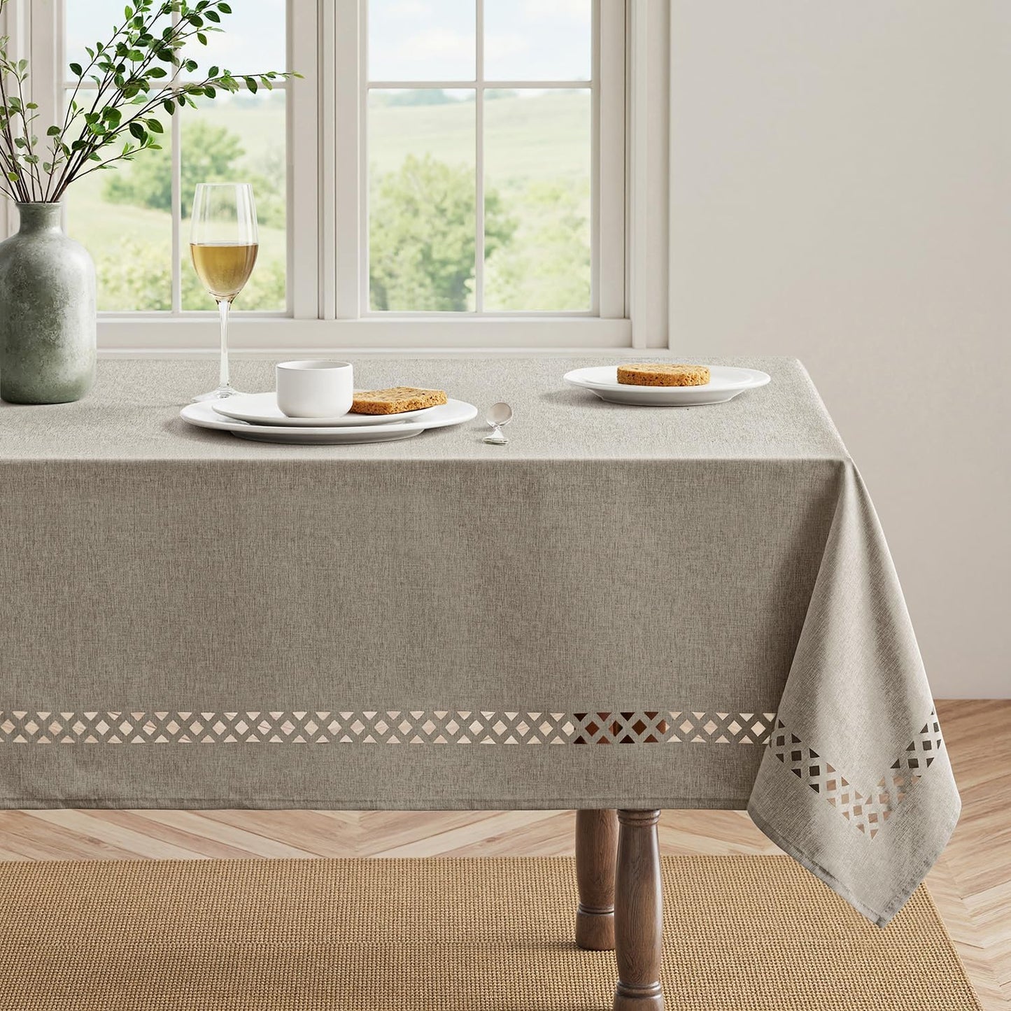 MIULEE Beige Rectangle Linen Polyester Tablecloth with Decorative Cutouts Spring Waterproof Stain Resistant & Shrink-Proof Table Cloth 52x70 inch Farmhouse Style for Dining Wedding and Outdoor