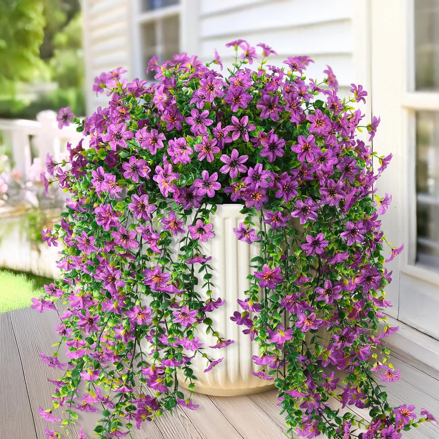 INQCMY Artificial Fake Hanging Flowers Plants for Outdoor Summer Decoration,2 PCS Faux Silk Daisy with Eucalyptus Leaves,UV Resistant Look Real for Outside Home Planter Porch Patio Balcony Yard Decor