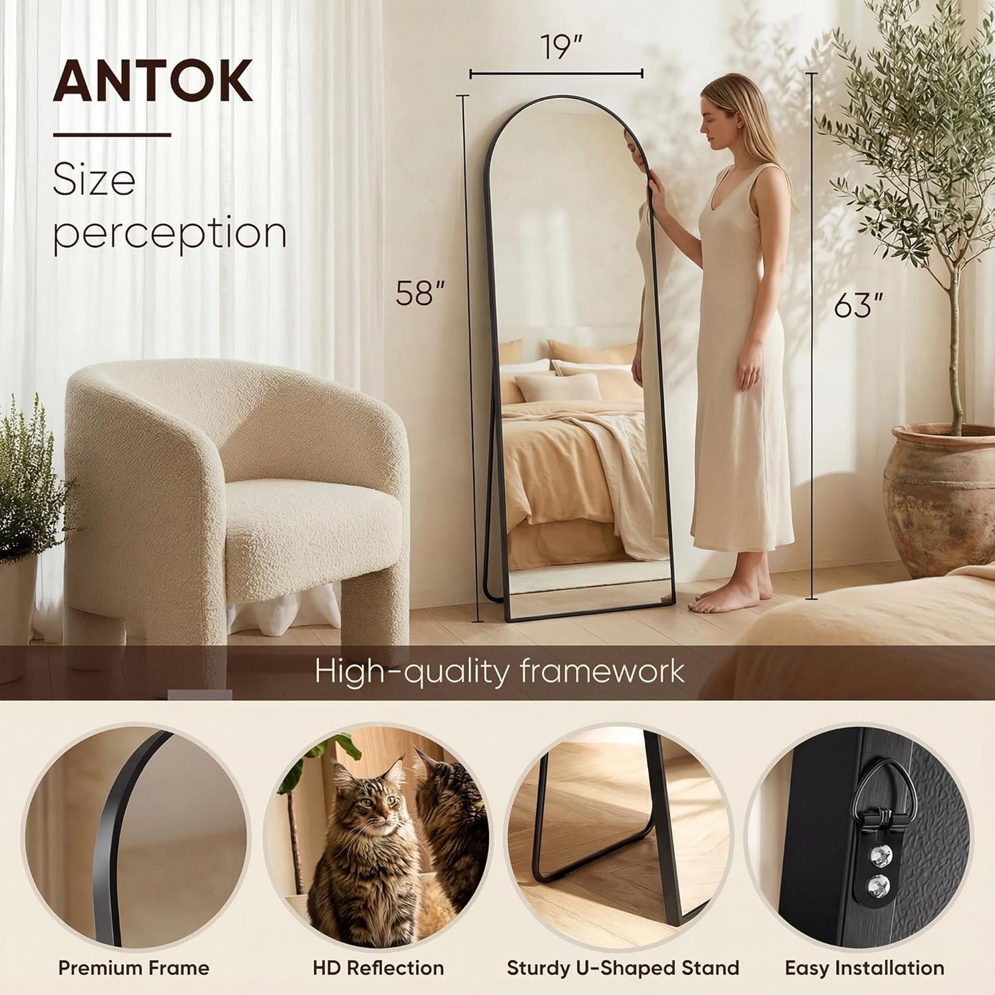 Antok 71" x28” Arched Full Length Floor Mirror, Black Aluminum Frame, Free Standing/Wall Mount/Leaning for Bedroom, Living Room, Dressing Room