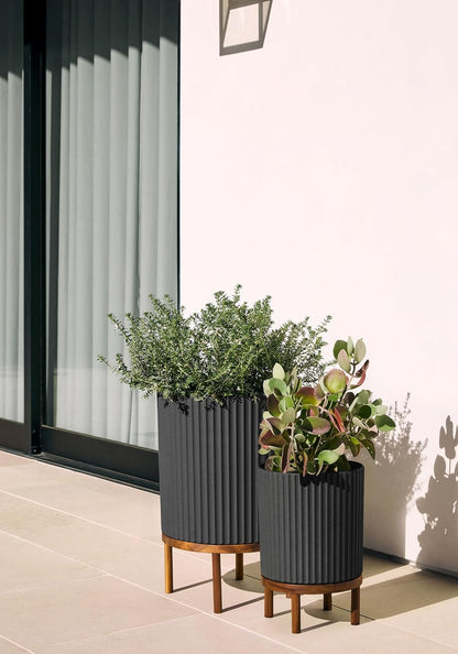 Veradek Demi Series Round Planter w/ Stand for Porch/Patio | Durable Plastic-Concrete & Wooden Stand | Modern Décor for Tall Plants, Flowers