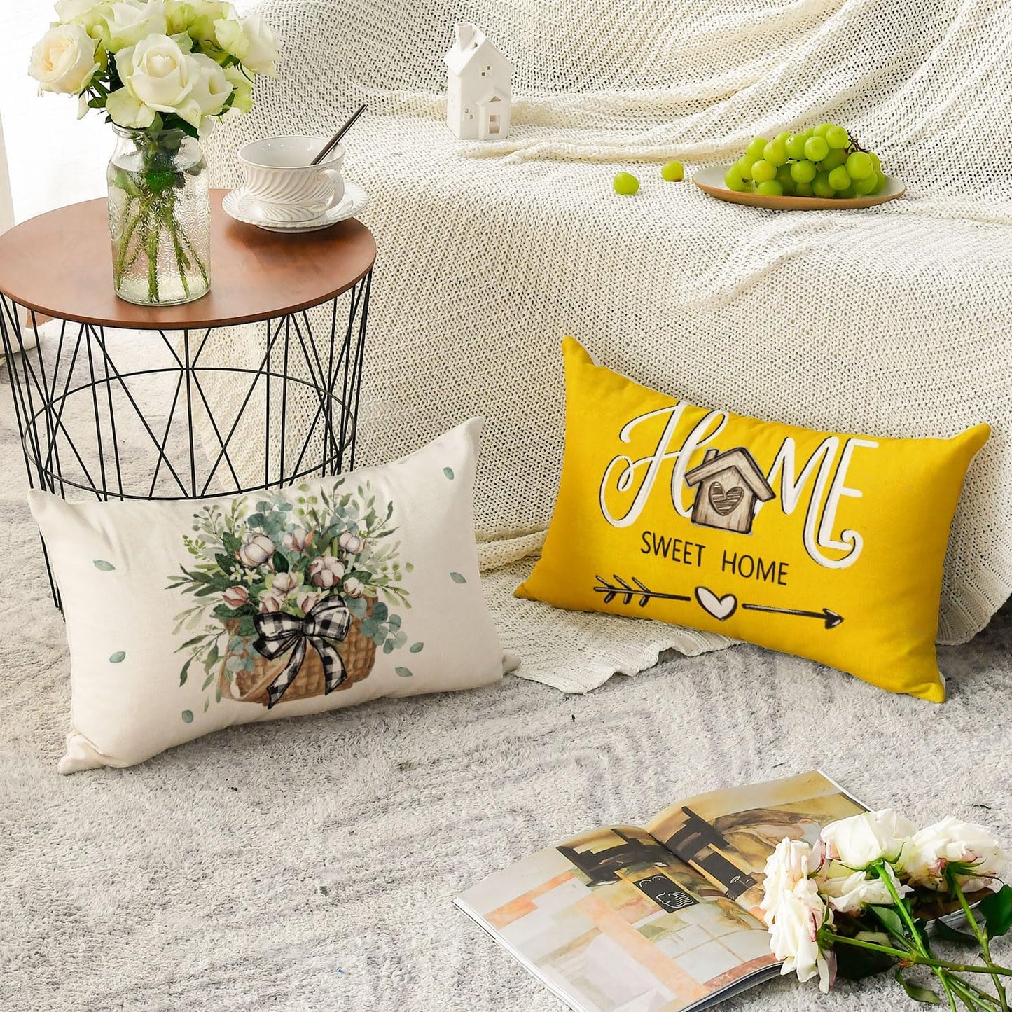 AVOIN colorlife Bless Our Home Farmhouse Eucalyptus Leaves Throw Pillow Covers, 18 x 18 Inch Truck Home Sweet Home Cushion Case Decorations Set of 4