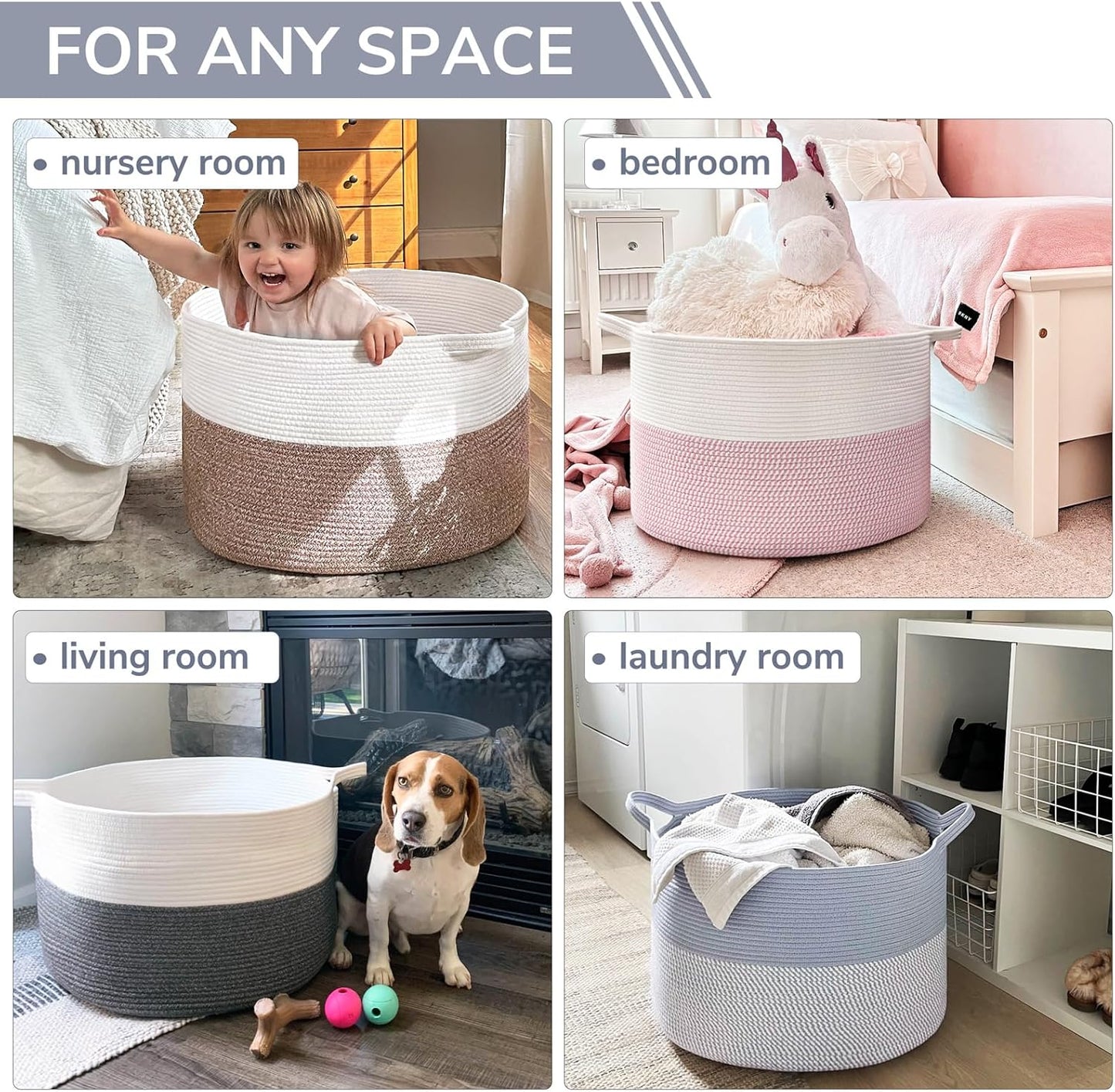 INDRESSME XXXLarge Blanket Basket for Living Room 21.7" x 21.7" x 13.8"-Storage Basket with Handle for Organizing Toy Pillows Woven Cotton Rope Laundry Basket Stuffed Animal Toy Storage for Play Room