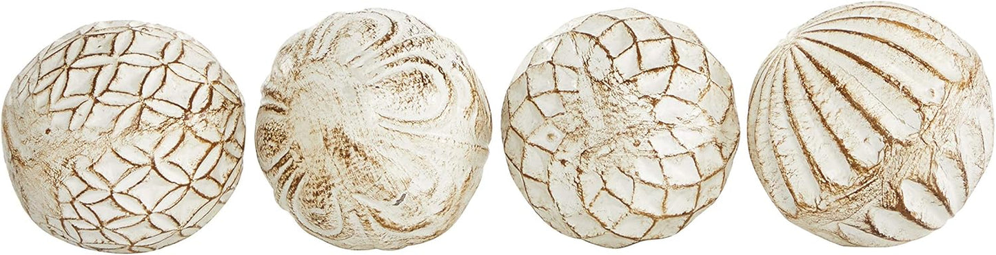 Deco 79 Ceramic Handmade Carved Decorative Ball Orbs & Vase Filler with Varying Patterns, Set of 4 4"W, 4"H, White
