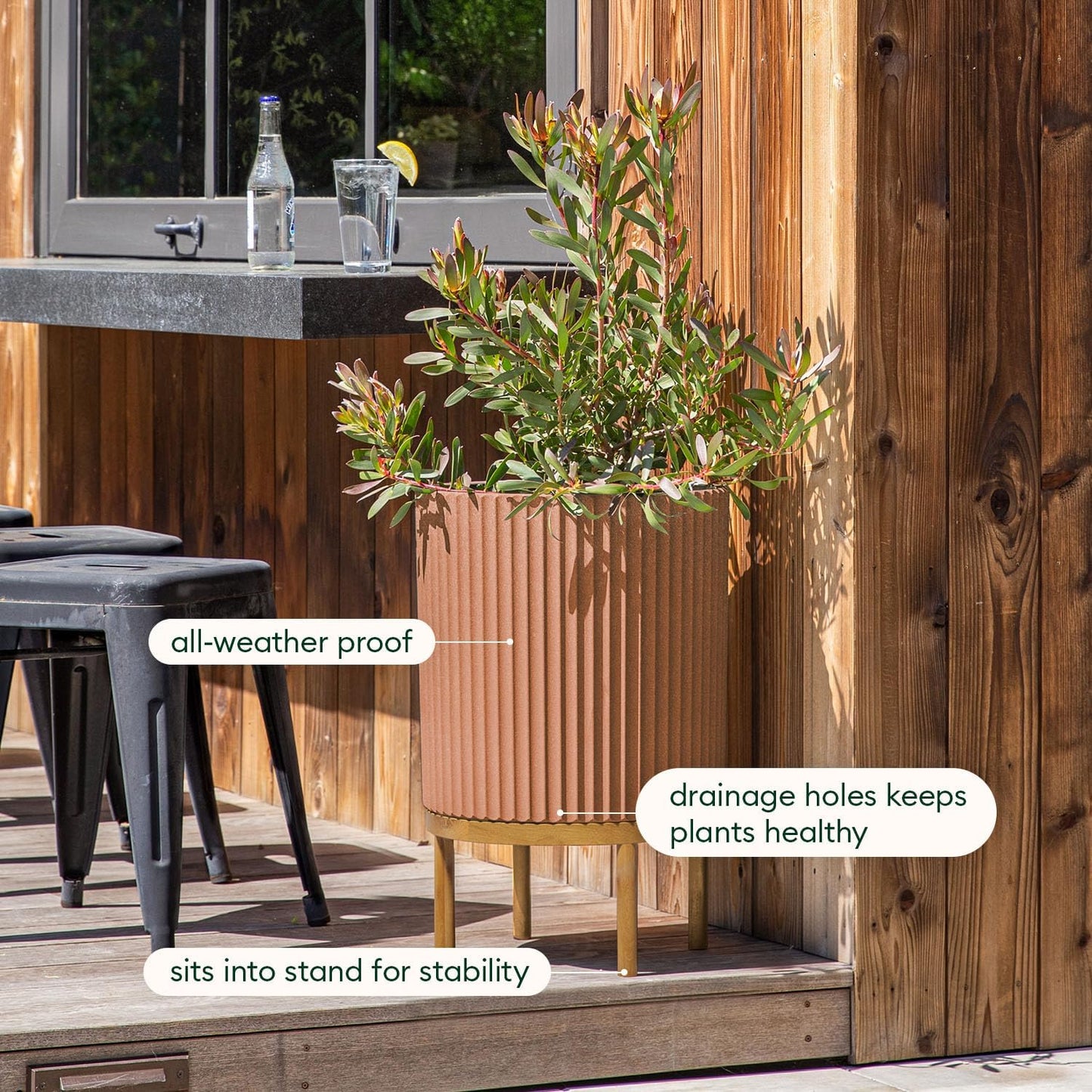 Veradek Demi Series Round Planter w/ Stand for Porch/Patio | Durable Plastic-Concrete & Wooden Stand | Modern Décor for Tall Plants, Flowers