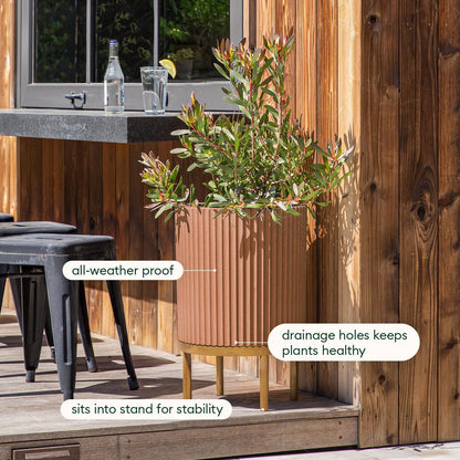 Veradek Demi Series Round Planter w/ Stand for Porch/Patio | Durable Plastic-Concrete & Wooden Stand | Modern Décor for Tall Plants, Flowers