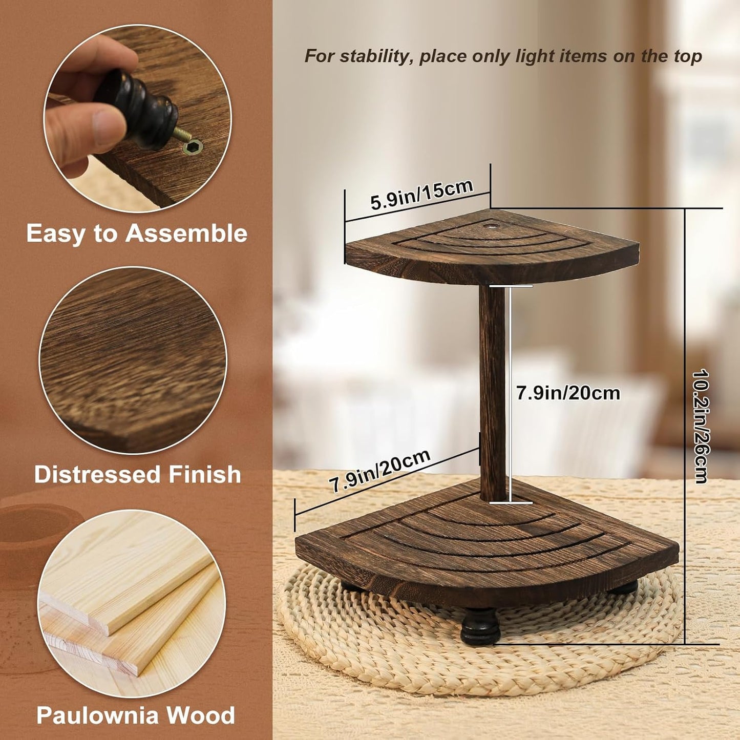 Tikea Farmhouse Wood Display Riser, 10 in. Farmhouse Pedestal Stand for Kitchen Bathroom Counter Decor, Round Display Tray for Soap Dispenser and Plant (Brown)