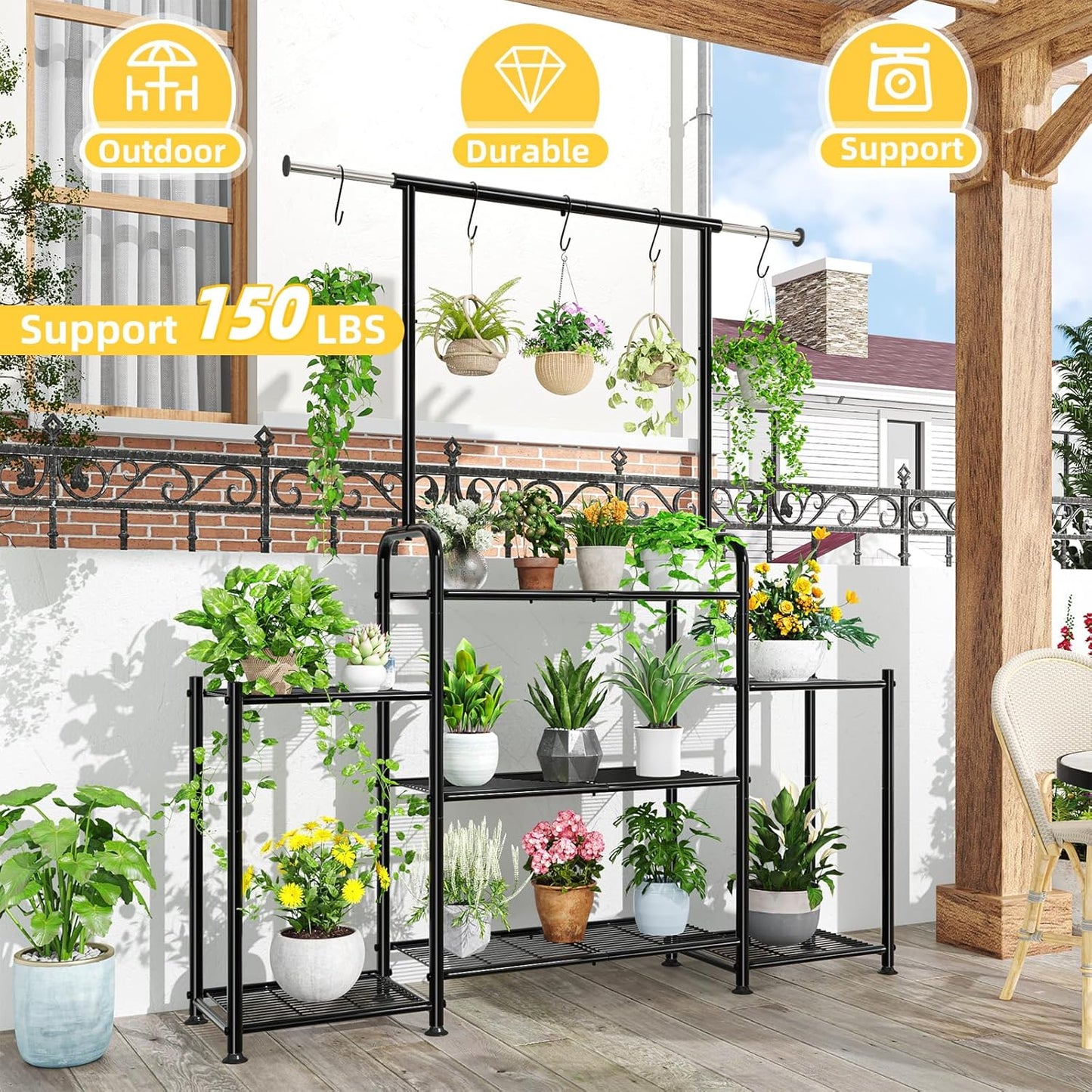 Simple Trending Plant Stand Indoor Outdoor, Heavy Duty Metal 3 Tiered Hanging Plant Shelf for Multiple Flower Planter Holder Tall Large Rack for Living Room Garden Balcony, Black