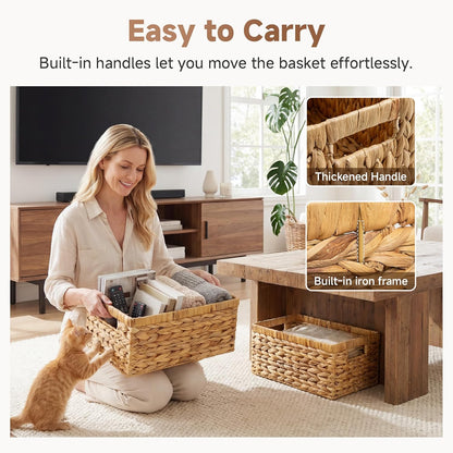 StorageWorks Wicker Basket, Baskets for Organizing, Storage Basket with Built-in Handles, Water Hyacinth Shelves (Medium 2-Pack, Natural Hyacinth)