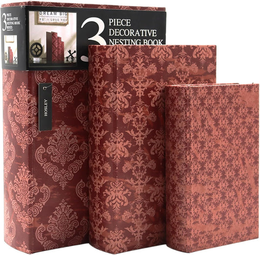 Hosley Farmhouse Memory Book Boxes Set of 3, Red Brown & Gold, Decorative Nesting Storage Boxes 12 10 8 Inch, Faux Leather Keepsake Photo Jewelry Box for Wedding Gift