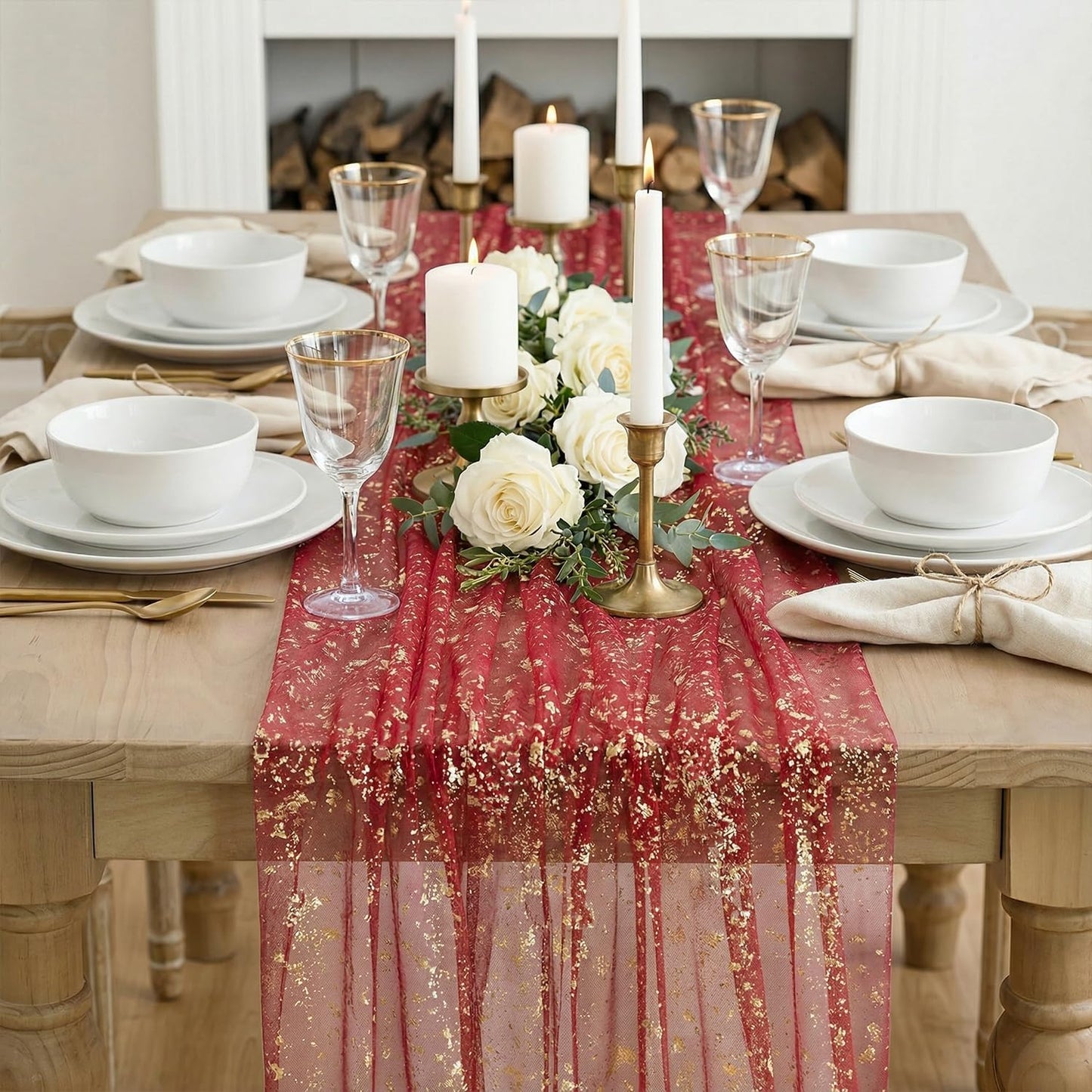 Artoid Mode Beige Gold Gauze Table Runner 120 Inch 10FT, Glitter Metallic Foil Sheer Dining Wedding Anniversary Holiday Birthday Table Decor for Home Party