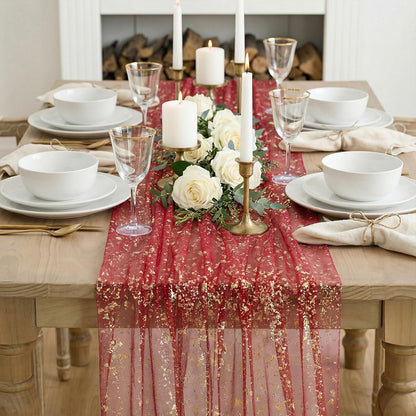 Artoid Mode Beige Gold Gauze Table Runner 120 Inch 10FT, Glitter Metallic Foil Sheer Dining Wedding Anniversary Holiday Birthday Table Decor for Home Party
