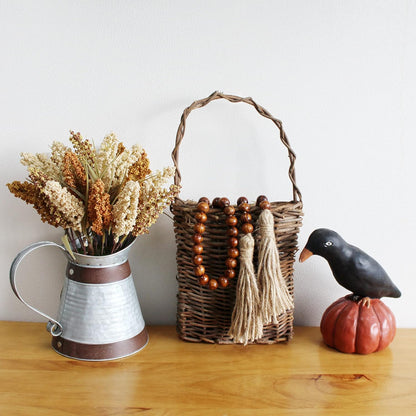 CVHOMEDECO. Wood Beads Garland with Tassels Farmhouse Rustic Wooden Prayer Bead String Wall Hanging Accent for Home Festival Decor. Mix Distressed