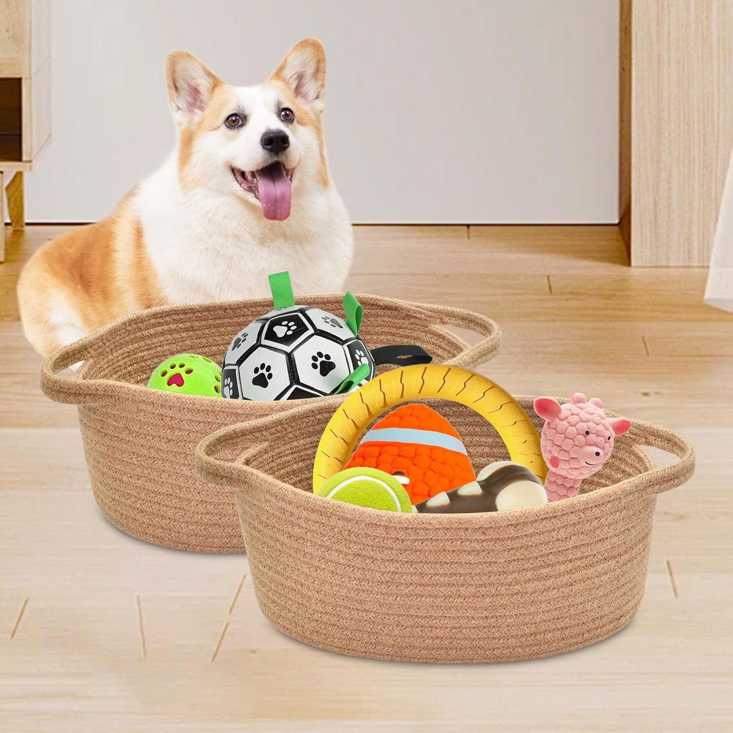 ABenkle Small Basket with Handles, Boho Decorative Rope Woven Dog Cat Toy Storage Bin Shelf Storage Organizer, Easter Christmas Gift Basket, 12"x8"x5", White