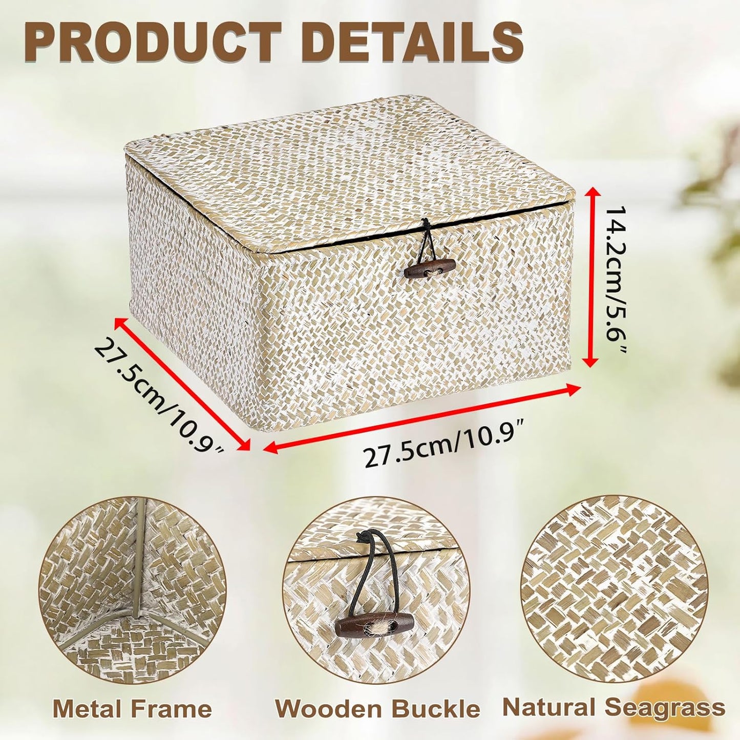 Hipiwe Seagrass Basket with Lid Wicker Storage Basket Square Handwoven Decorative Baskets Box for Shelf Multipurpose Household Baskets Home Decor,X-small