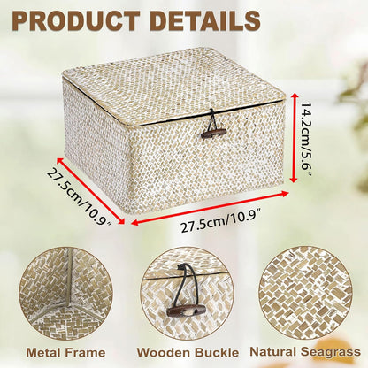 Hipiwe Seagrass Basket with Lid Wicker Storage Basket Square Handwoven Decorative Baskets Box for Shelf Multipurpose Household Baskets Home Decor,X-small