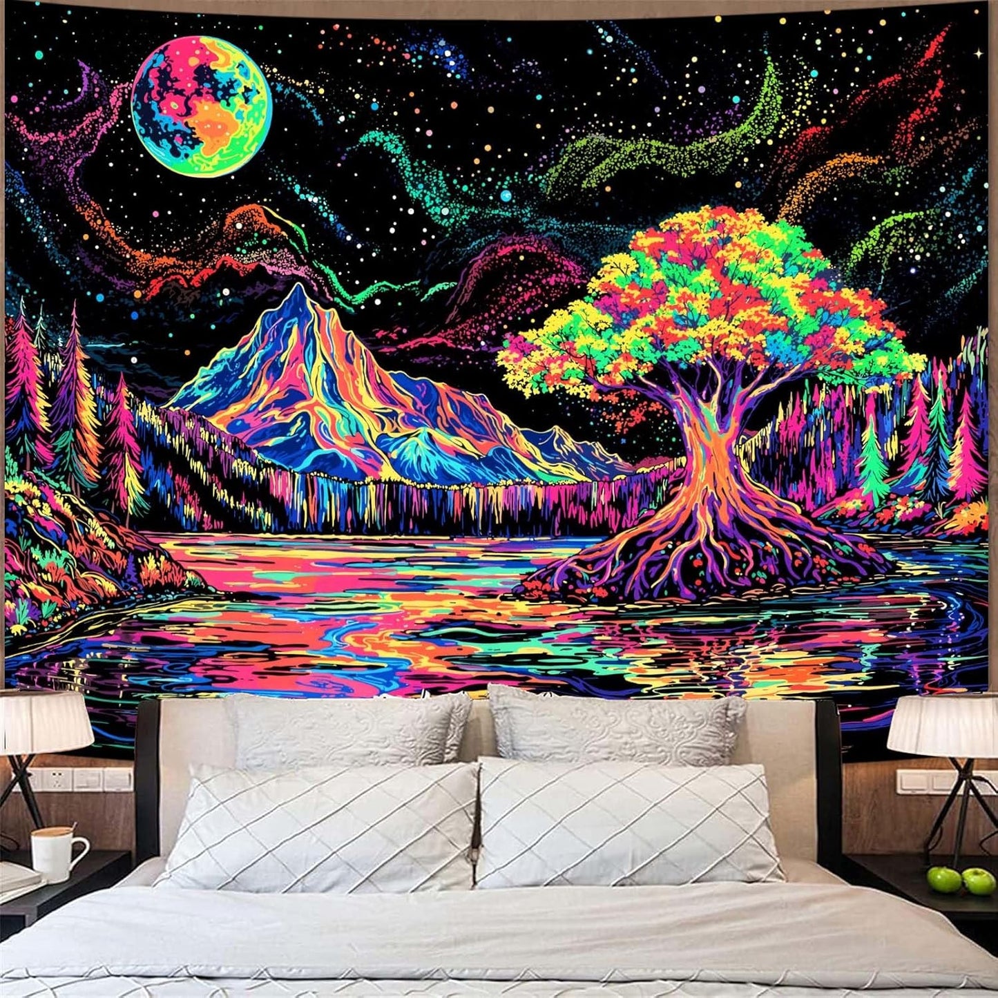 Zussun Black and White Tapestry Starry Night Mountain Tapestries for Bedroom Aesthetic Moon and Stars Tapastry's Wall Hanging Dark Nature Forest Wall Tapestry for Living Room Dorm (48'' × 36'')