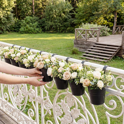 HowRU Metal Iron Flower Pots for Railing Fence Hanging Bucket Pots(5 Pcs) and Hanging Flower Pots Metal Iron Bucket Planter(10 Pcs) (Black)