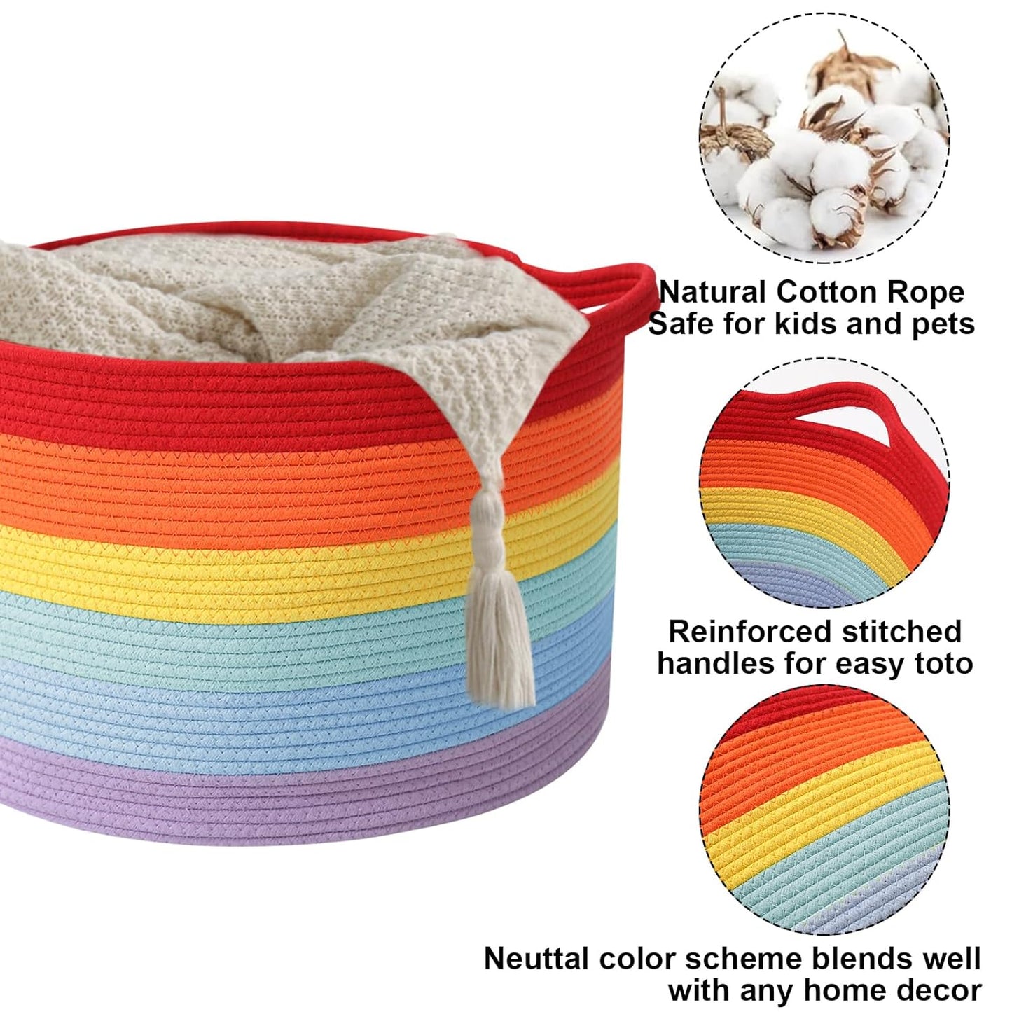 Large Woven Blanket Basket,65L Cotton Rope Laundry Basket Hamper with Handles, Decorative Nursery Basket Storage Bin for Toys, Clothes Organizer, Living Room, Bedroom, Bathroom, White & Brown