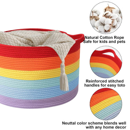 Large Woven Blanket Basket,65L Cotton Rope Laundry Basket Hamper with Handles, Decorative Nursery Basket Storage Bin for Toys, Clothes Organizer, Living Room, Bedroom, Bathroom, White & Brown