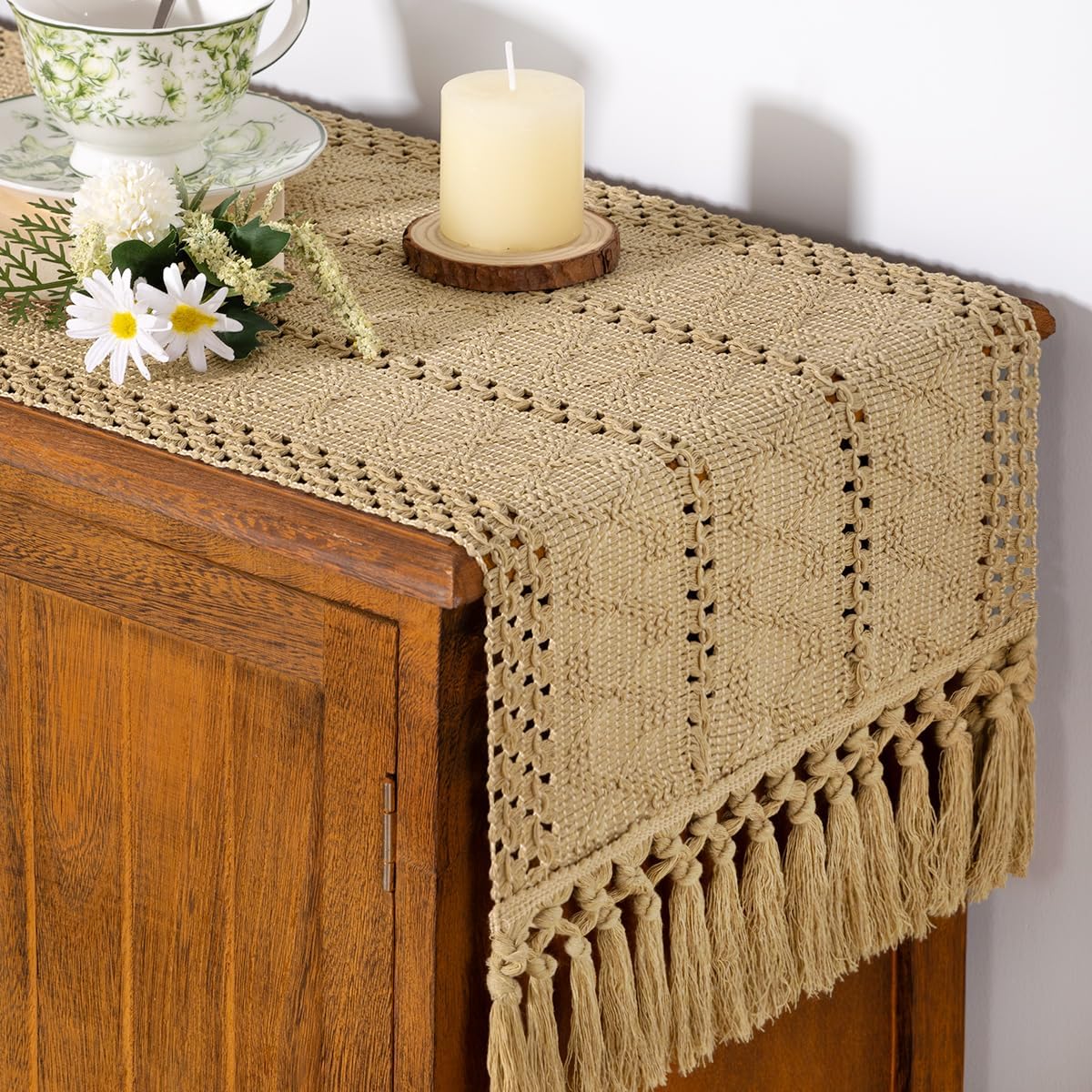 Socomi Boho Table Runner Summer Farmhouse Rustic Dining Kitchen Centerpiece Decor Small Macrame Woven Cotton Linen Coffee Table Runner for Dresser Scarf Home Decor 12x36 inch Beige