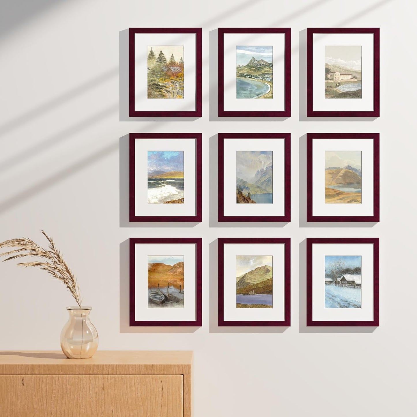 Vittanly 8x10 Picture Frames Set of 9, Shatter Resistant Plexiglass, Display 5x7 Pictures with Mat or 8x10 without Mat, Photo Frames for Wall or Tabletop, Engineered Wood, Black - Colors B