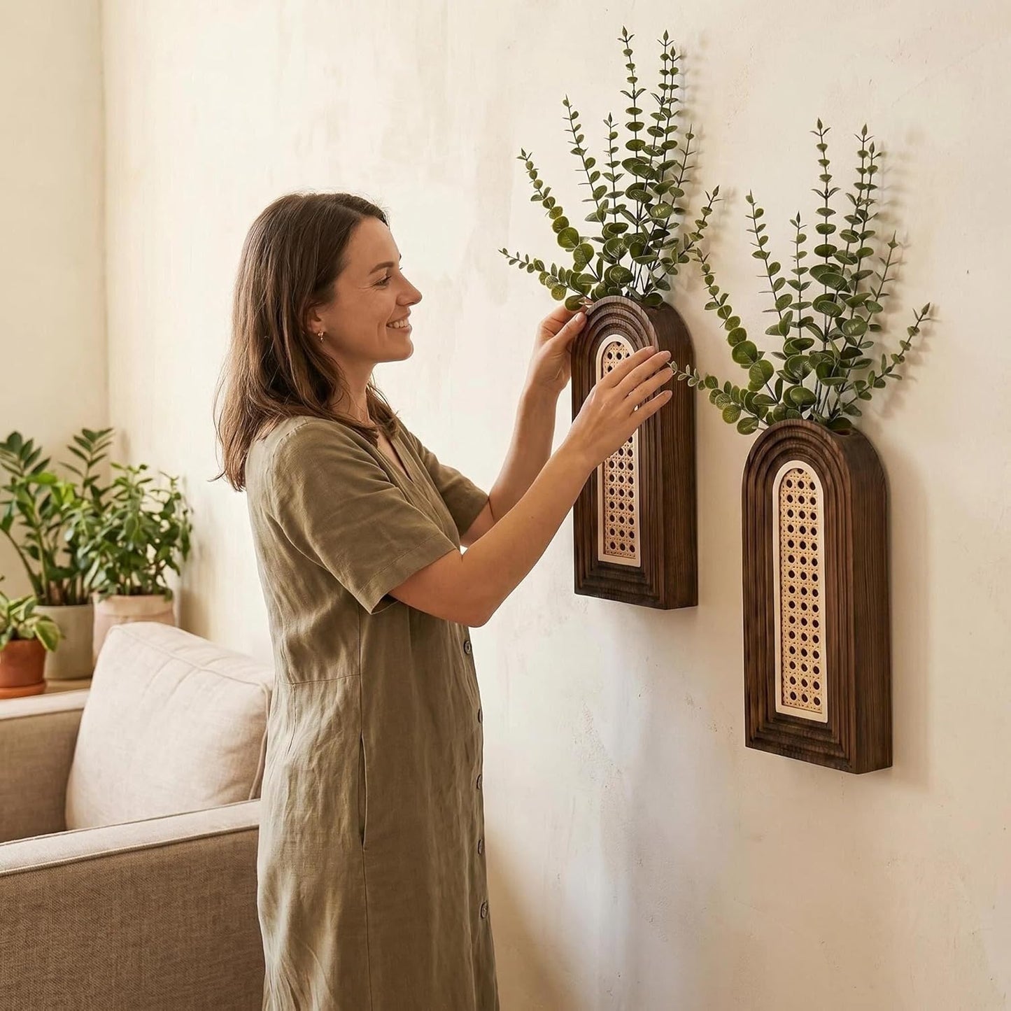 Dnnnii 2 Pack Wooden Wall Vase Set - Brown Finish Modern Farmhouse & Boho Wall Decor for Entryway, Hallway, Bathroom, Living Room, Dining Room, Narrow Spaces