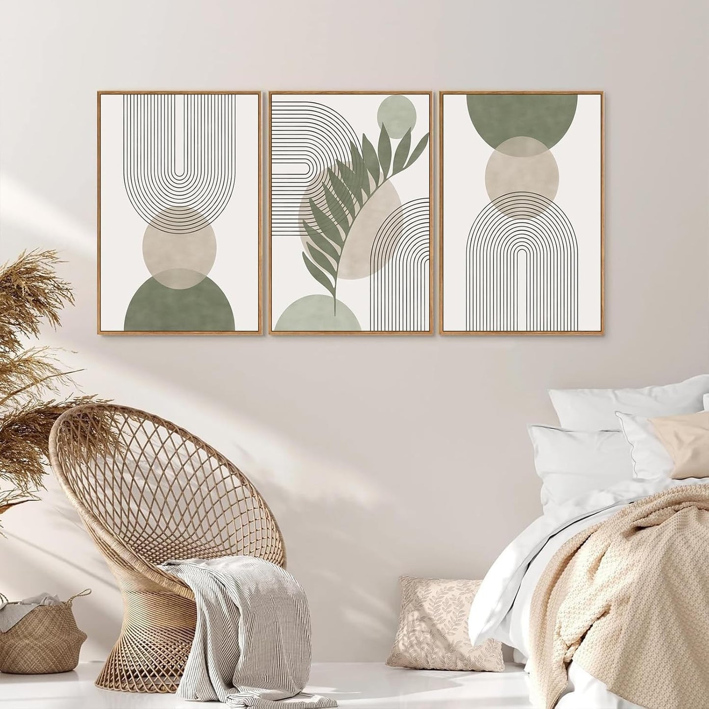Sage Green Boho Wall Art Set of 3, Minimalist Framed Wall Art Geometric Line Leaf Sun Moon Beige Green Canvas Artwork Paintings, Abstract Botanical Boho Room Decor, Office, 12"x16"
