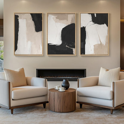 Large Framed Neutral Abstract Wall Art for Living Room, 3 Piece Modern Canvas Prints Paintings Artwork for Walls, Black and Beige Pictures for Living Room Hallway Stair Office Wall Decor 24x36 Inch