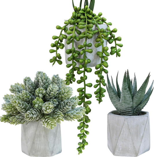 Winlyn Set of 3 Mini Artificial Succulent Plants Potted Small Fake Aloe Hops String of Pearls Plants in Gray Hexagon Ceramic Pots for Modern Home Office Desk Living Room Kitchen Table Shelf Décor