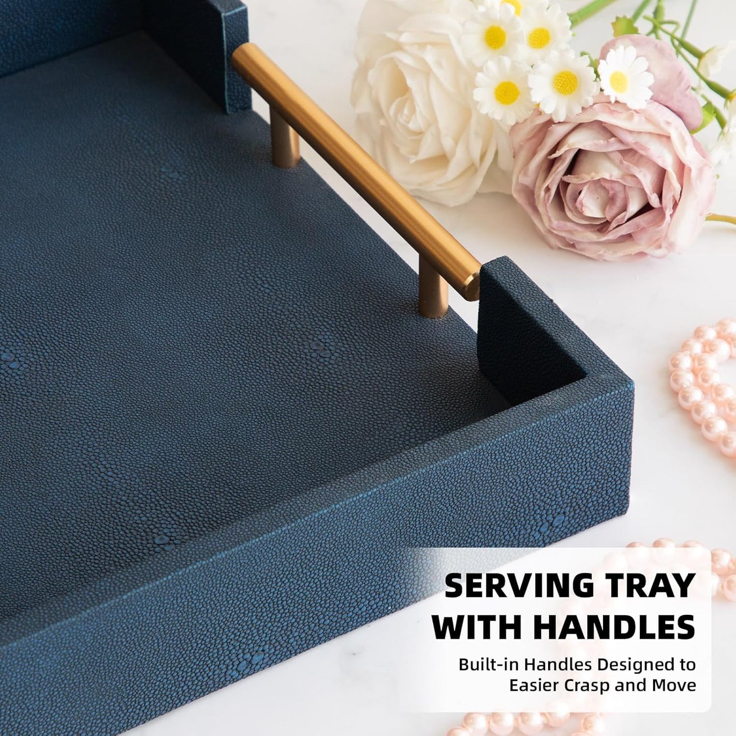 Modern Decorative Tray Set of 2 Ivory Shagreen Leather and Wood Serving Tray with Gold Polished Metal Handles for Ottoman, Coffee Table, Bathroom and More