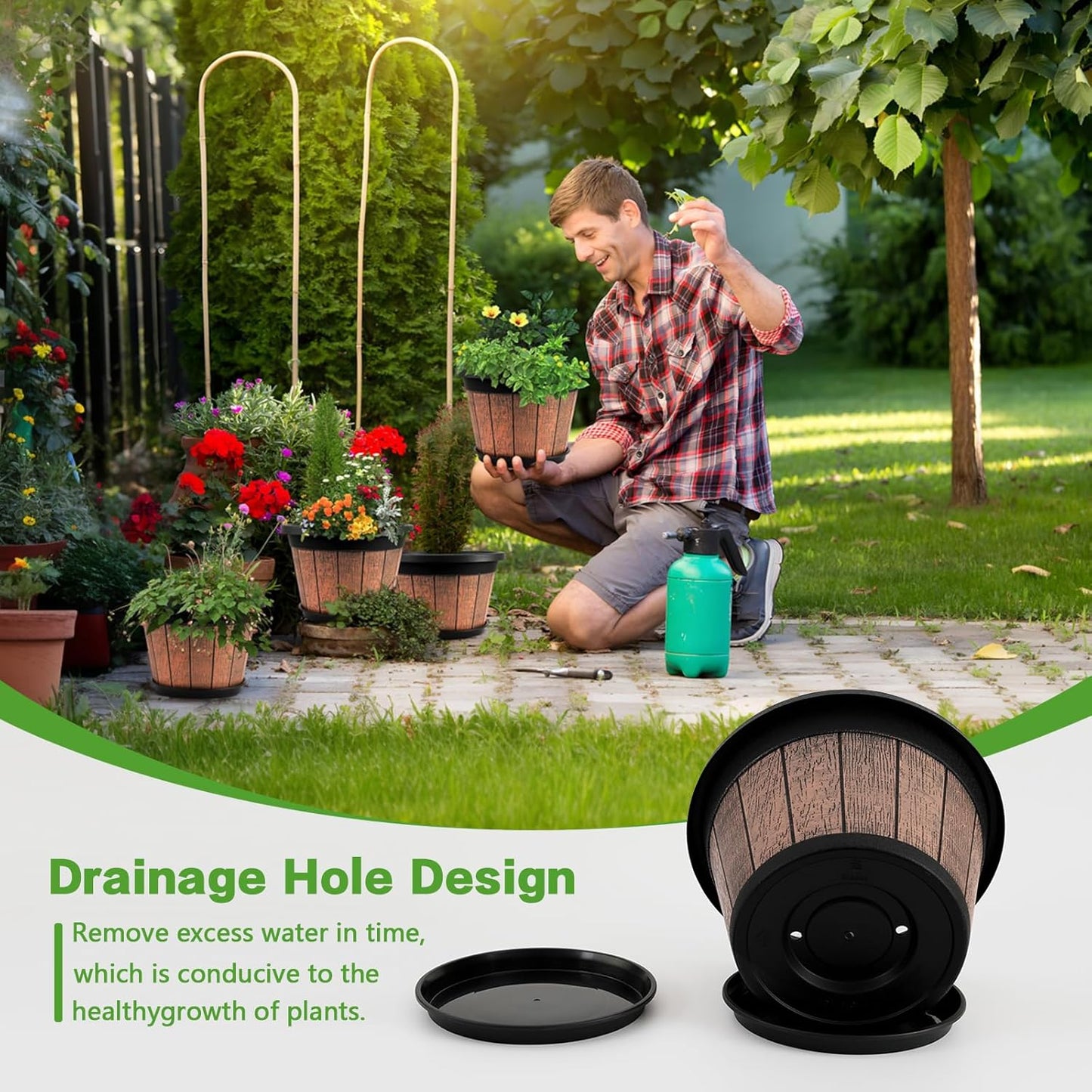Quarut 4 Pack 10 inch Plant Pots,Upgrade Whiskey Barrel Planters with Drainage Holes & Saucer,Plastic Decoration Flower Pots Retro Design,Planters for Outdoor Indoor Garden Home Plants (Brown)