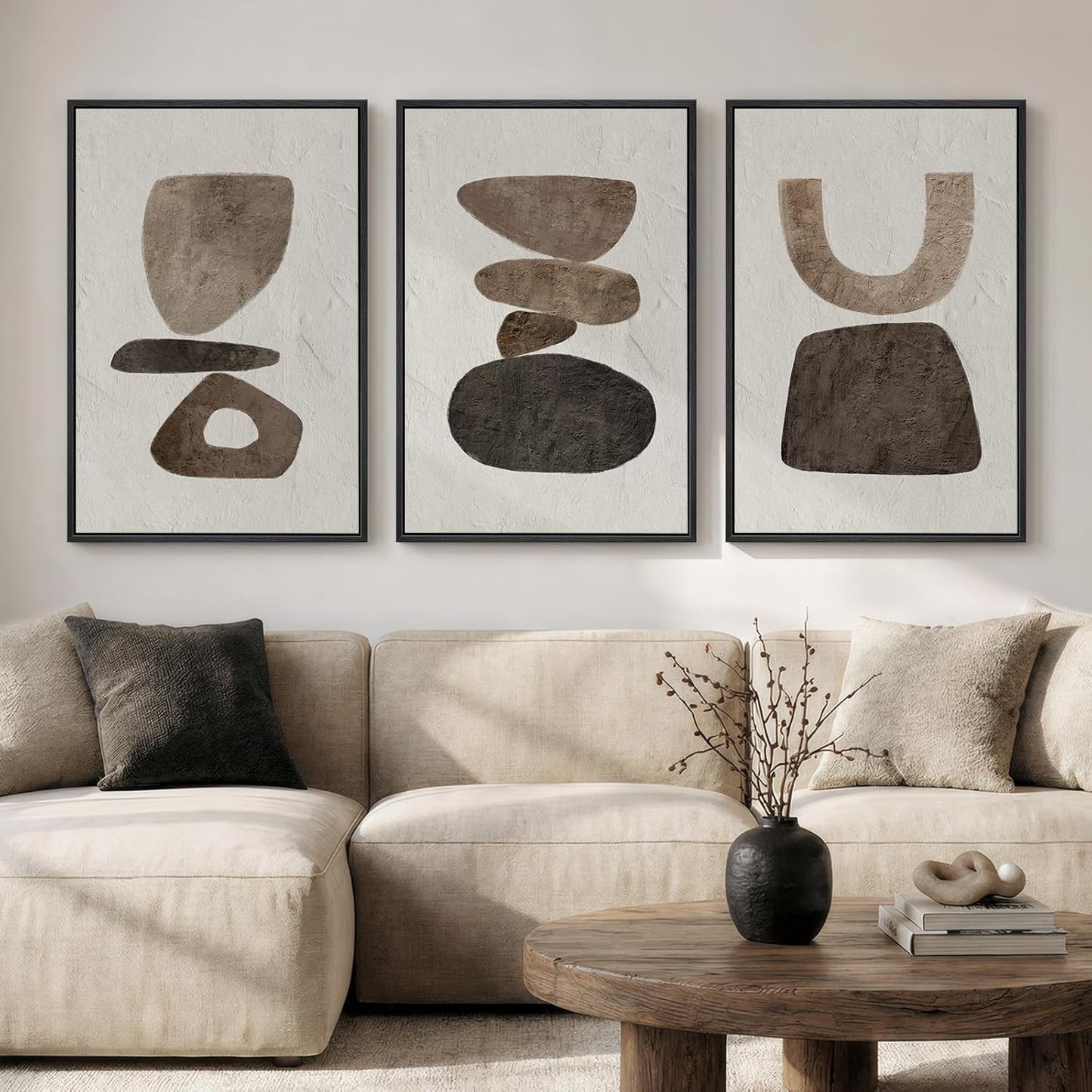 Large Framed Neutral Abstract Wall Art for Living Room, 3 Piece Modern Canvas Prints Paintings Artwork for Walls, Black and Beige Pictures for Living Room Hallway Stair Office Wall Decor 24x36 Inch