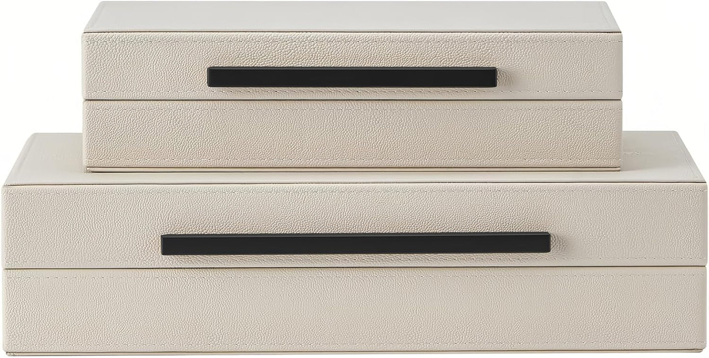Set of 2 Shagreen Decorative Box, Modern Faux Leather Beige Decorative Storage Boxes with Lids and Metal Handles, Jewelry & Memory Box for Home, Office Decor (Beige+Gold Handles)