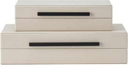 Set of 2 Shagreen Decorative Box, Modern Faux Leather Beige Decorative Storage Boxes with Lids and Metal Handles, Jewelry & Memory Box for Home, Office Decor (Beige+Gold Handles)