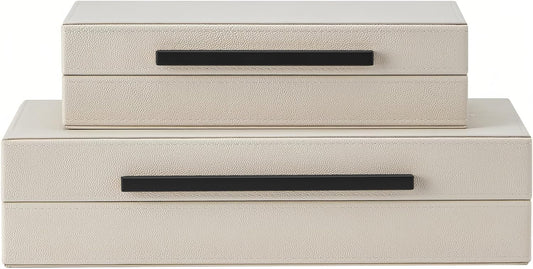 Set of 2 Shagreen Decorative Box, Modern Faux Leather Beige Decorative Storage Boxes with Lids and Metal Handles, Jewelry & Memory Box for Home, Office Decor (Beige+Gold Handles)