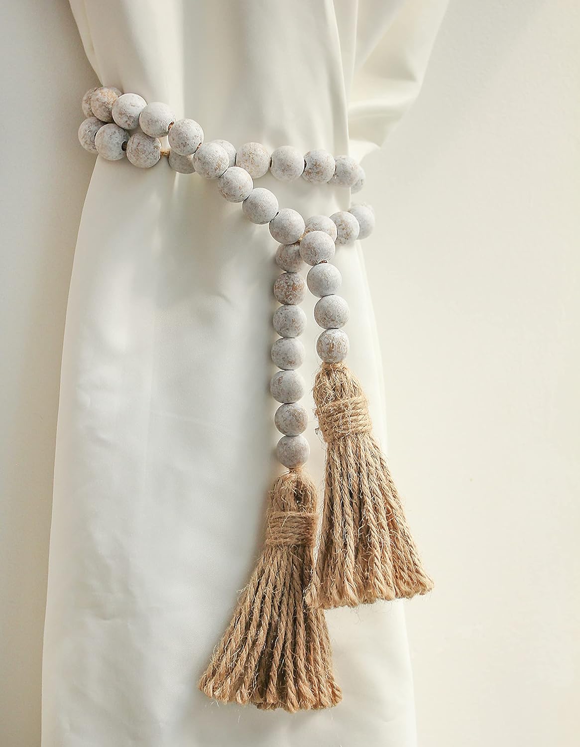 58in Wood Bead Garland with Tassels, Farmhouse Rustic Country Decor Prayer Boho Wall Hanging Decoration (Nature)