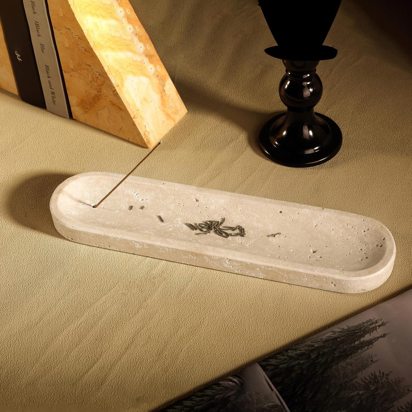Koville Natural Marble Incense Holder, Incense Holder for Sticks with 9 Holes, Handmade Incense Burner Ash Catcher for Meditation Yoga SPA, Balsam Fir/Palo Santo/Sage/Cone (Green)
