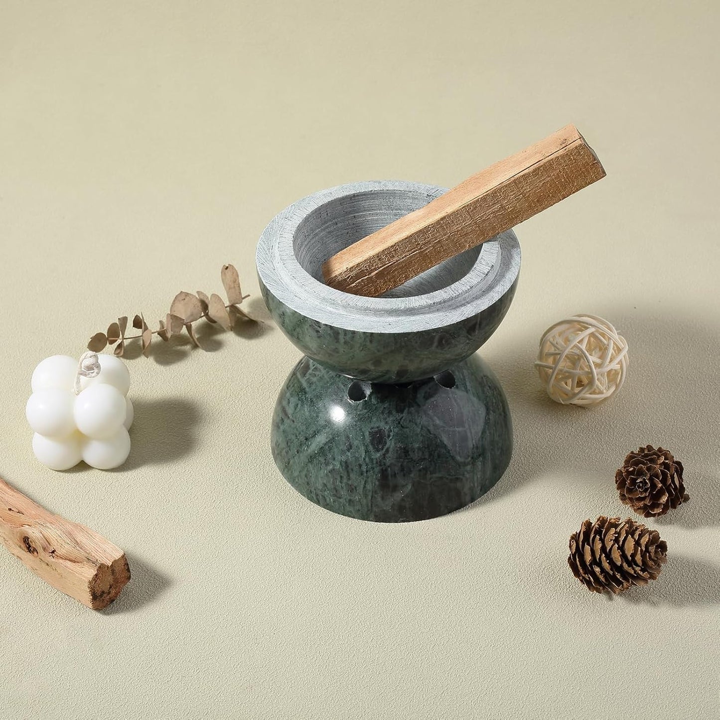 Koville Natural Marble Incense Holder, Incense Holder for Sticks with 9 Holes, Handmade Incense Burner Ash Catcher for Meditation Yoga SPA, Balsam Fir/Palo Santo/Sage/Cone (Green)