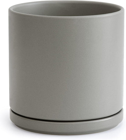 D'vine Dev 6.5 Inch Ceramic Planter Pot with Drainage Hole and Saucer, Indoor Cylinder Round Planter Pot, Olive, 94-O-C-J