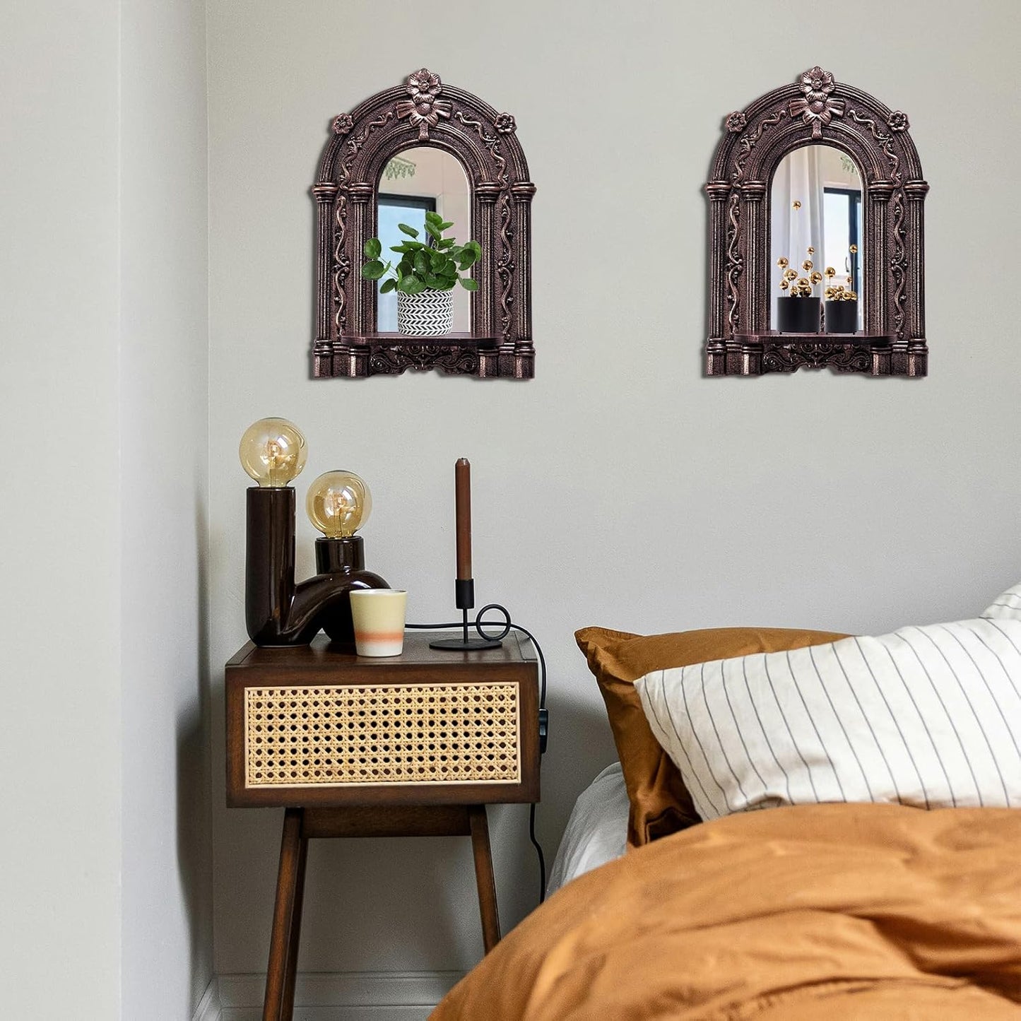 Three-Dimensional Relief Candle Sconces Set 2 Rustic Wall Mount Candle Holders Wood Hanging Wall Decor Mirrored Wall Art Hand Carved Home Decoration Gold
