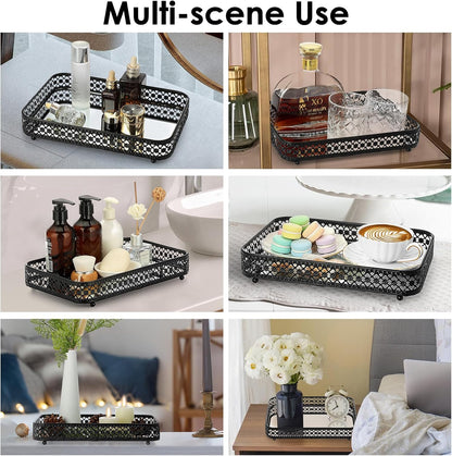 ELLDOO Perfume & Makeup Vanity Tray - Hollow-Carved Jewelry Storage, Glass & Metal Trinket Organizer for Dresser & Bathroom Countertop, Gold, Medium Size