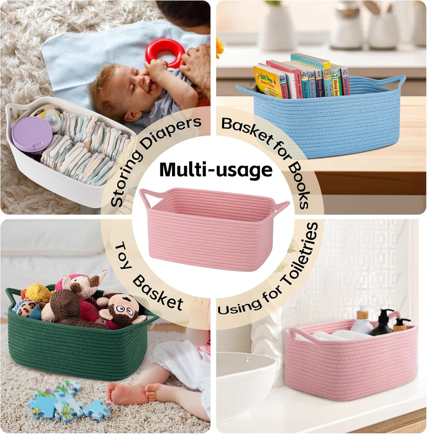 OIAHOMY Woven Basket, Gift Basket Empty with Gift Bags and Ribbons, Rope Baskets for Baby Showers, Storage Baskets with Handles for Nursery, Pet Toy Organizer - White
