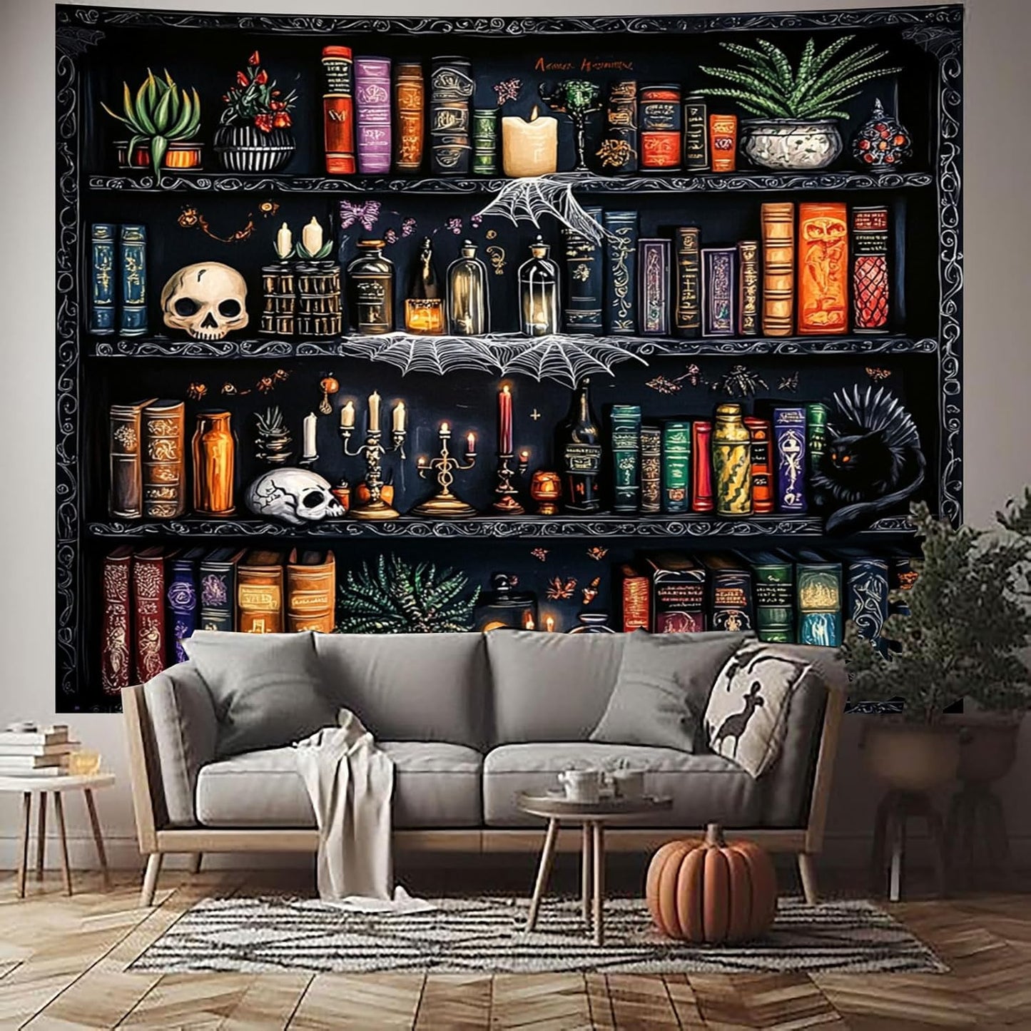 Algasan Magic Bookshelf Tapestry Magical Book Tapestry Gothic Witchy Vintage Library Skull Potion Black Cat Candle Botanical Backdrop for Bedroom Living Room Dorm 59.1 x 51.2 Inches
