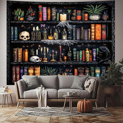 Algasan Magic Bookshelf Tapestry Magical Book Tapestry Gothic Witchy Vintage Library Skull Potion Black Cat Candle Botanical Backdrop for Bedroom Living Room Dorm 59.1 x 51.2 Inches