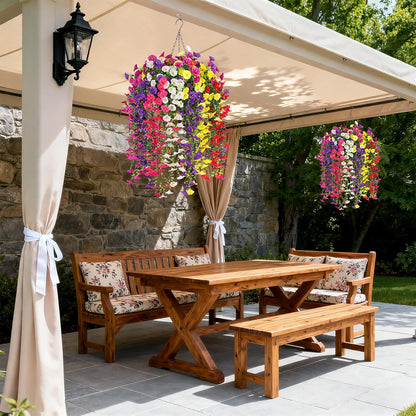 INXUGAO Artificial Flowers with Hanging Basket, Outdoor Faux Plants Silk Morning Glory Vines, Fake Green Arrangement for Garden Patio Spring Summer Decor(4pcs,Darkorchid)