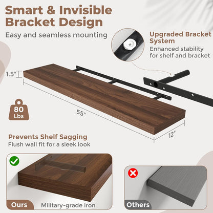 72 Inch Long Floating Shelves for Wall Set of 2, 12"D Wood Grain Bathroom Shelves with Invisible Brackets, Easy Install Engineered Wood Storage Shelves for Kitchen, Living Room, Bedroom, Black Finish